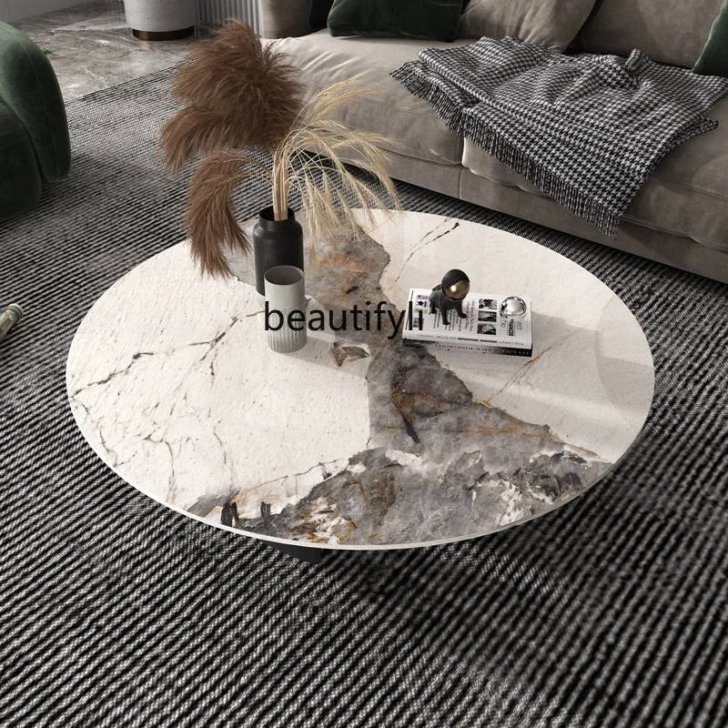 

Cy56 Italian minimalist rock slab coffee table light luxury small apartment living room round stainless steel tea table