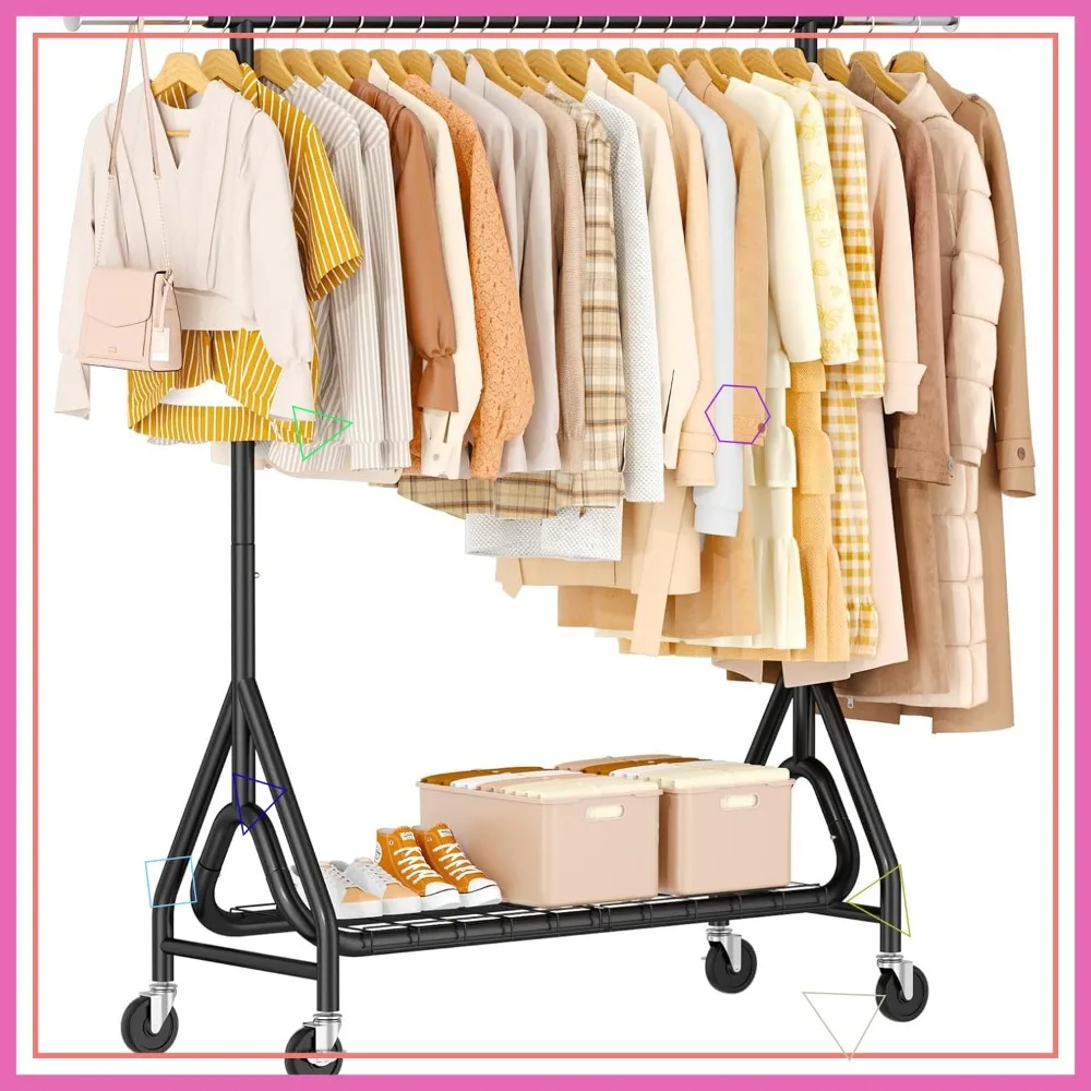 

Heavy Duty Clothes Rack, Metal Rolling Coat Rack 450 LBS, Lockable Wheels, Wardrobe Garment Rack for Bedroom