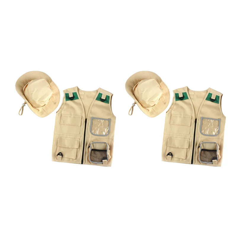 ชุดผจญภัยกลางแจ้ง A04F-2X, เสื้อกั๊กคาร์โก้สีกากีสำหรับเด็กเล็กพร้อมหมวก สวมใส่สบายและทนทาน ชุดนักสำรวจสำหรับเล่นบทบาทสมมติ