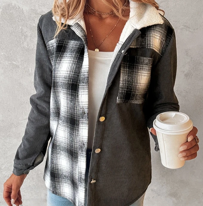 Winter Women's Casual Warm Outer Plaid Patchwork Corduroy Contrasting Coat Jackets for Women