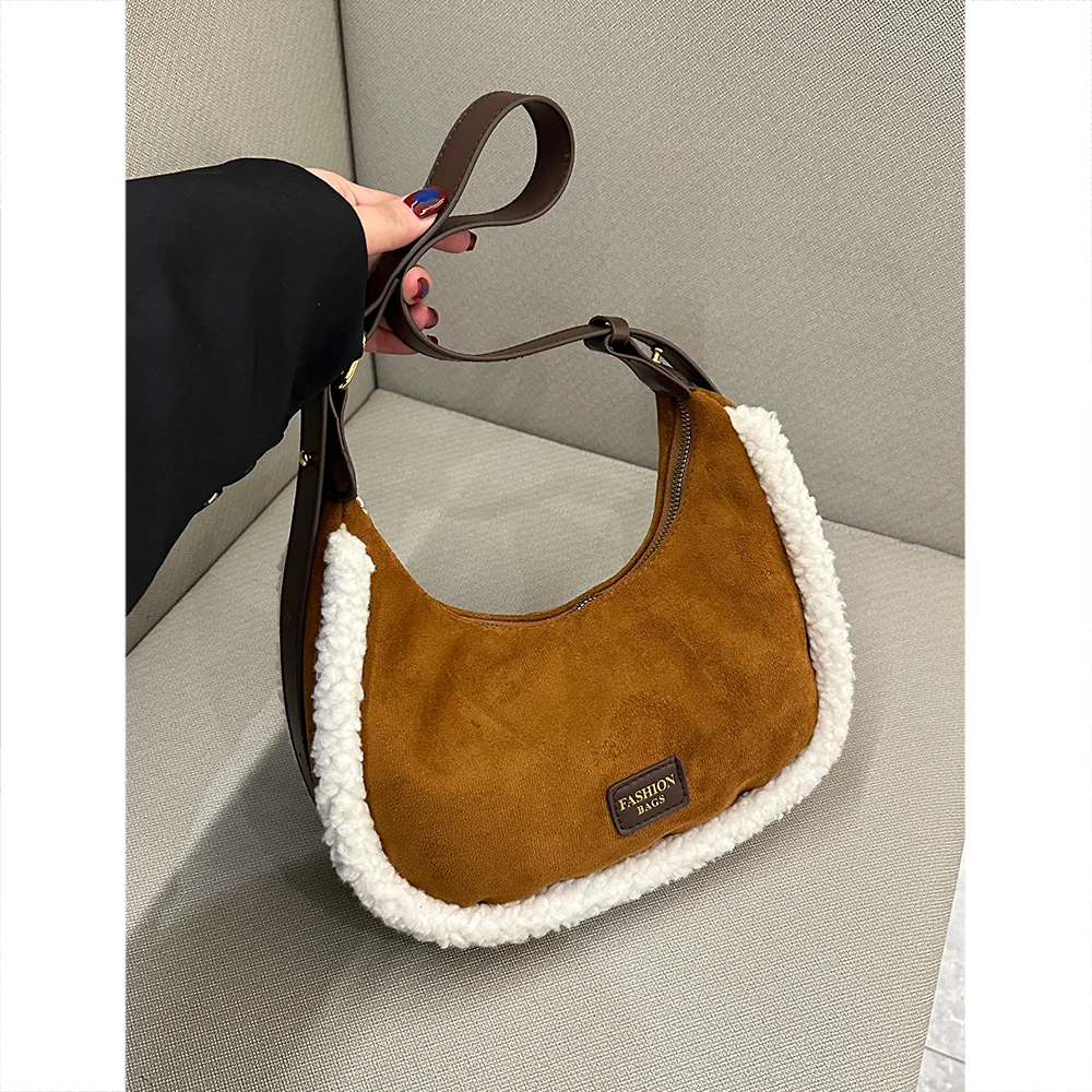 Retro Women\'s Lamb Woolen Suede Shoulder Bags 2023 Winter New Trend Plush Patchwork Underarm Pack Designer Ladies Crossbody Bags