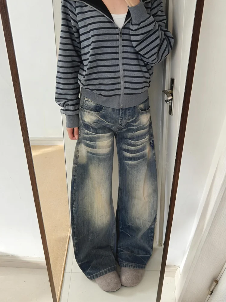 

Женские джинсы свободного кроя с высокой талией и широкими штанинами, больших размеров, в американском ретро-стиле, с бамбуковой текстурой, длиной в пол, модель Lazy Knife Pants