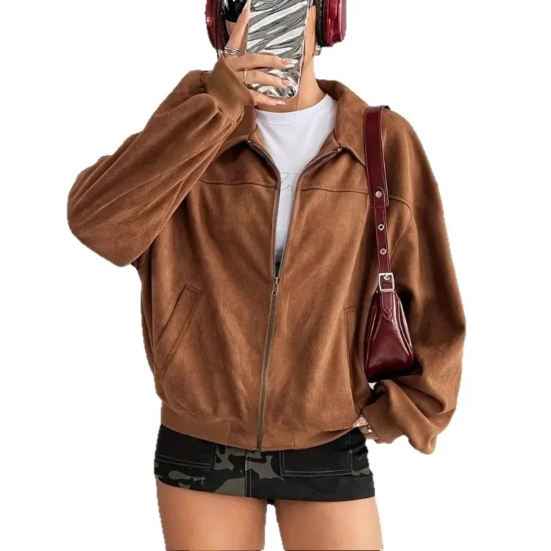 

2025 Women's Suede Blazer Jacket Zip Up Lapel Casual Minimalist Coat Vintage Style Stand Collar Autumn Jacket