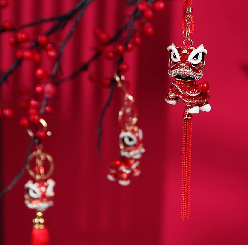 Lion Culture Send Friends Auspicious Lion Kirin Red Rope Pendant Car.Bag.Key Pendant Guochao Style Handmade Fine Indoor Pendant