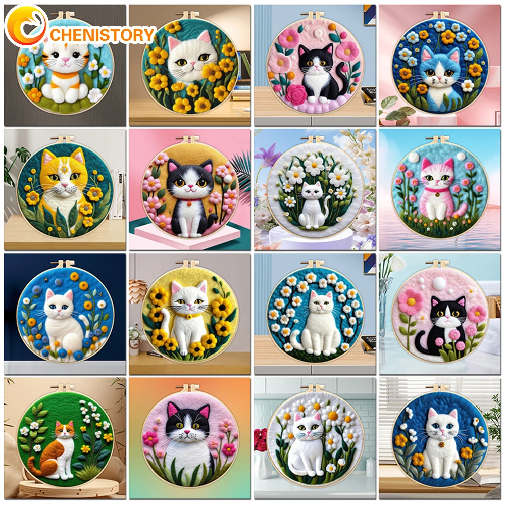 

CHENISTORY 20x20cm Frame With Painting DIY Wool Embroidery Kit Creative Cat DIY Wool Needle Felt Picture Kit Craft Painting Gift