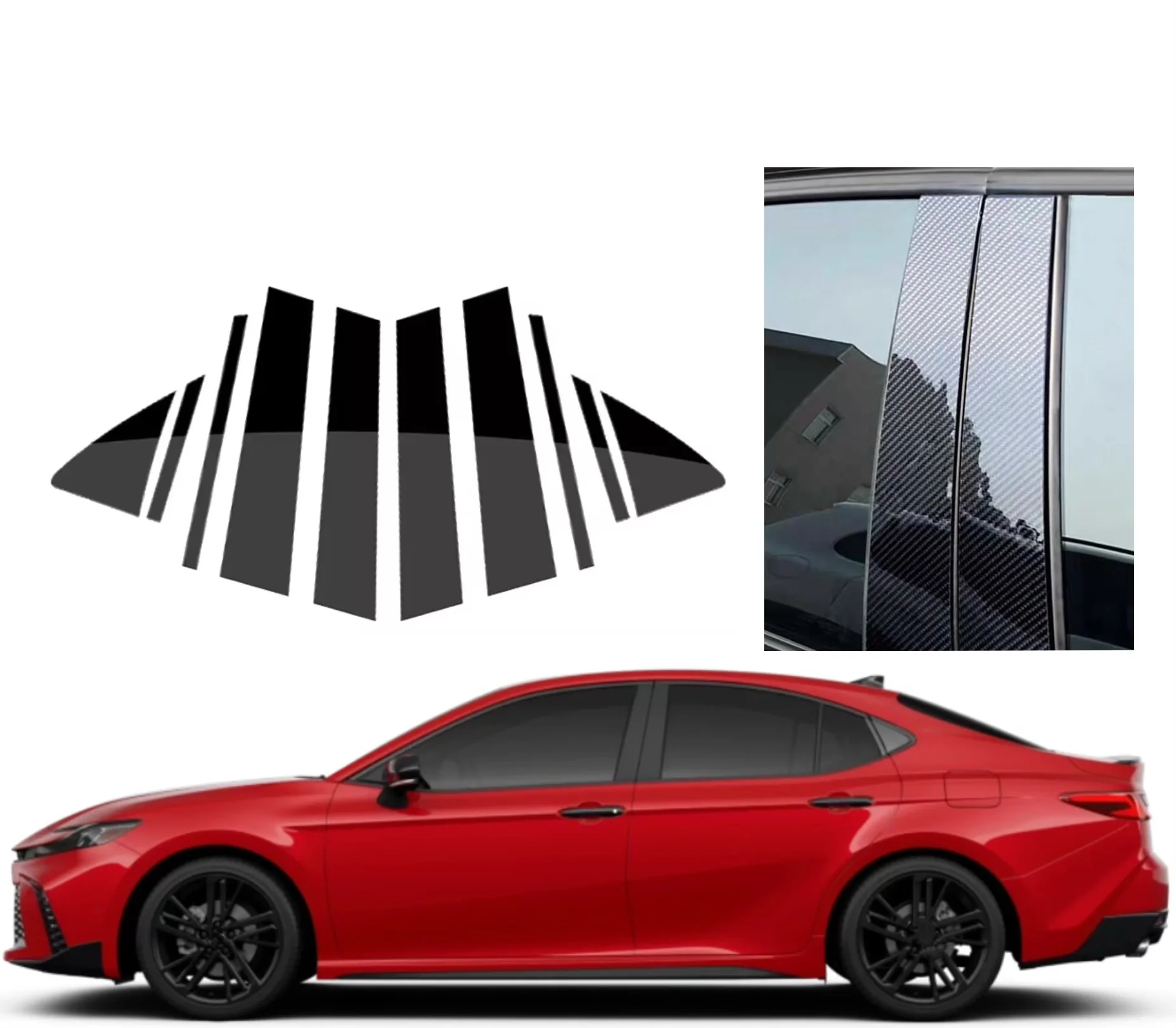

10PCS Glossy Black Silver Carbon Pillar Post Fit For Toyota Camry XV80 2024-2026 Window Door Cover Trim Decoration Stickers