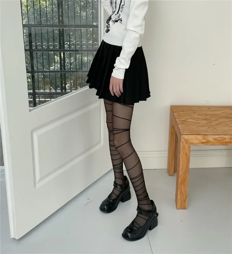 Women Sexy Irregular Striped Tights Semi-sheer Footed High Stockings Pantyhose Y2k Girls High Waist Body Pantyhose Black Brown