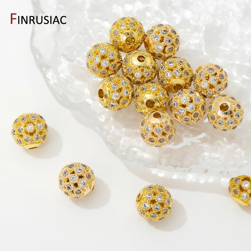 Contas redondas ocas de latão banhado a ouro 18k, contas de bola de 8mm, contas espaçadoras de zircônia embutidas para pulseiras diy, acessórios de fabricação de colar