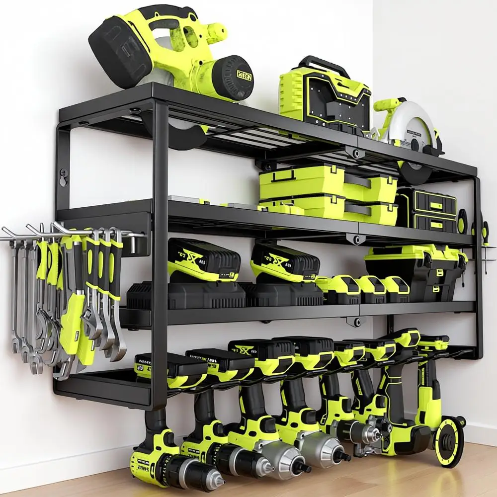 

4 Layer Power Tool Organizer Wall Mount, Battery Tools Holder, Charging Station Shelf, Cordless Drill Hanger Storage Rack, Garag