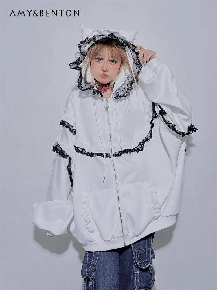 Japanese Style Mines Mass-produced Gothic Lace Hoodies Women Autumn Winter New Retro Hot Girl Y2K Street Oversized Sweatshirt