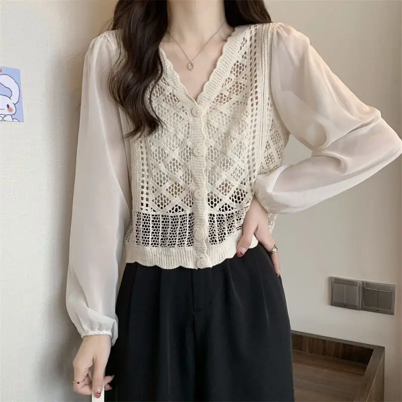 새로운 크로셰 여름 경량 니트 가디건 오픈 프론트 자외선 차단 속이 비치는 레이스 스플라이싱 루즈 탑 셔츠