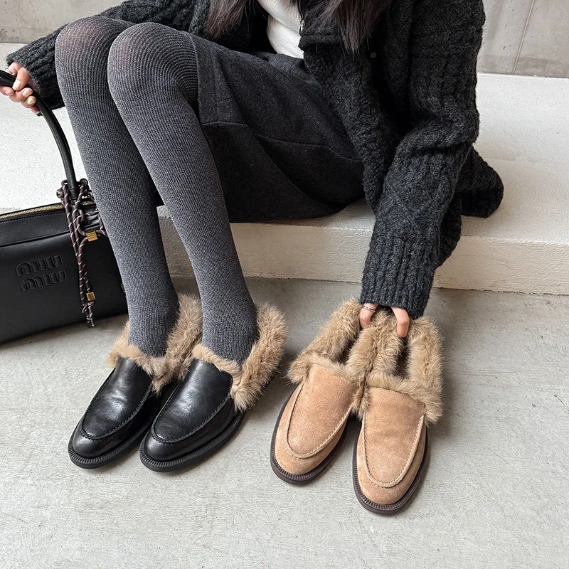 2026 new autumn winter women pumps natural leather 22-25cm cowhide/cow suede+rabbit fur thick heel women shoes fashion loafers