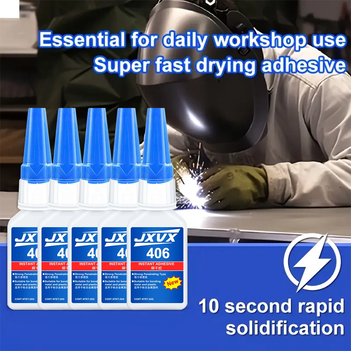 5 Pieces of Super Strong Glue 406, 10 Seconds Instant Drying, Waterproof, Good Stability, Full Bonding Tool. Suitable for Wood, Plastic, Ceramics, Metal, Rubber, Office Tool