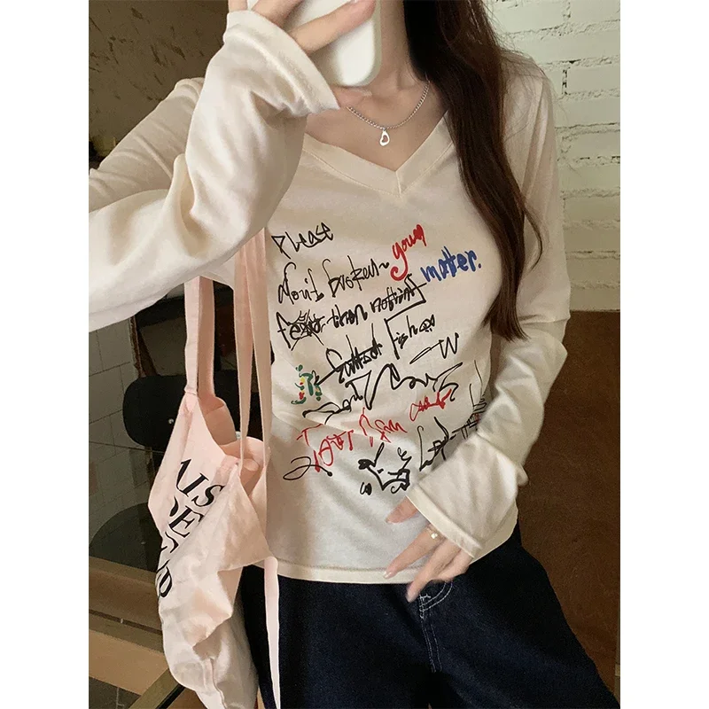 GAODINGLAN Creative Graffiti Print Women Tops Autumn Winter Long Sleeve Thin V Neck T Shirts Female Back Hollow Out Y2k Tees