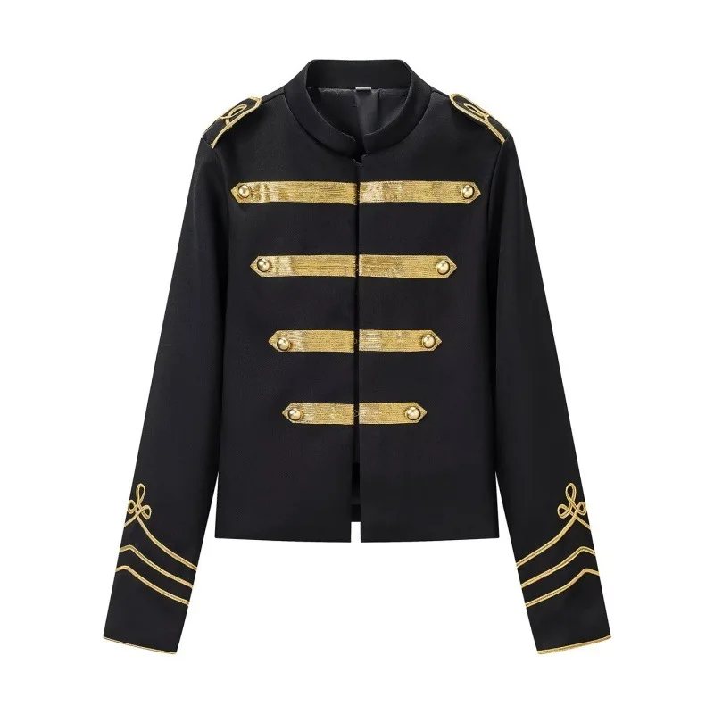 Withered 2026 Summer European And American Style Fashionable Slim Fit Gold Buckle Decoration Round Neck Jacket