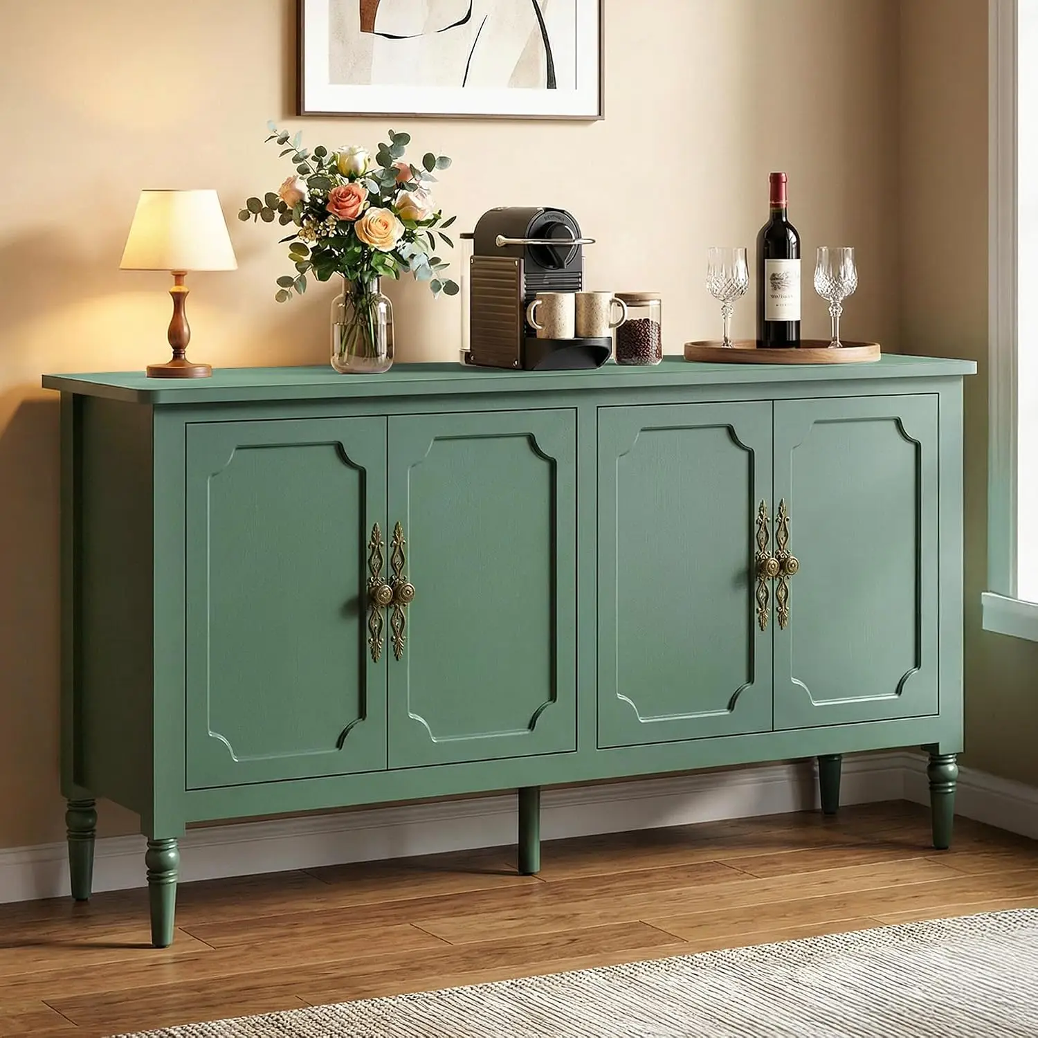 Buffet Cabinet Storage Sideboard, Kitchen Dining Room Organizer Credenza, Freestanding Coffee Bar Console Cupboard, Vintage Living Room Hallway Furniture, Mid Century Modern Style, Forest Green