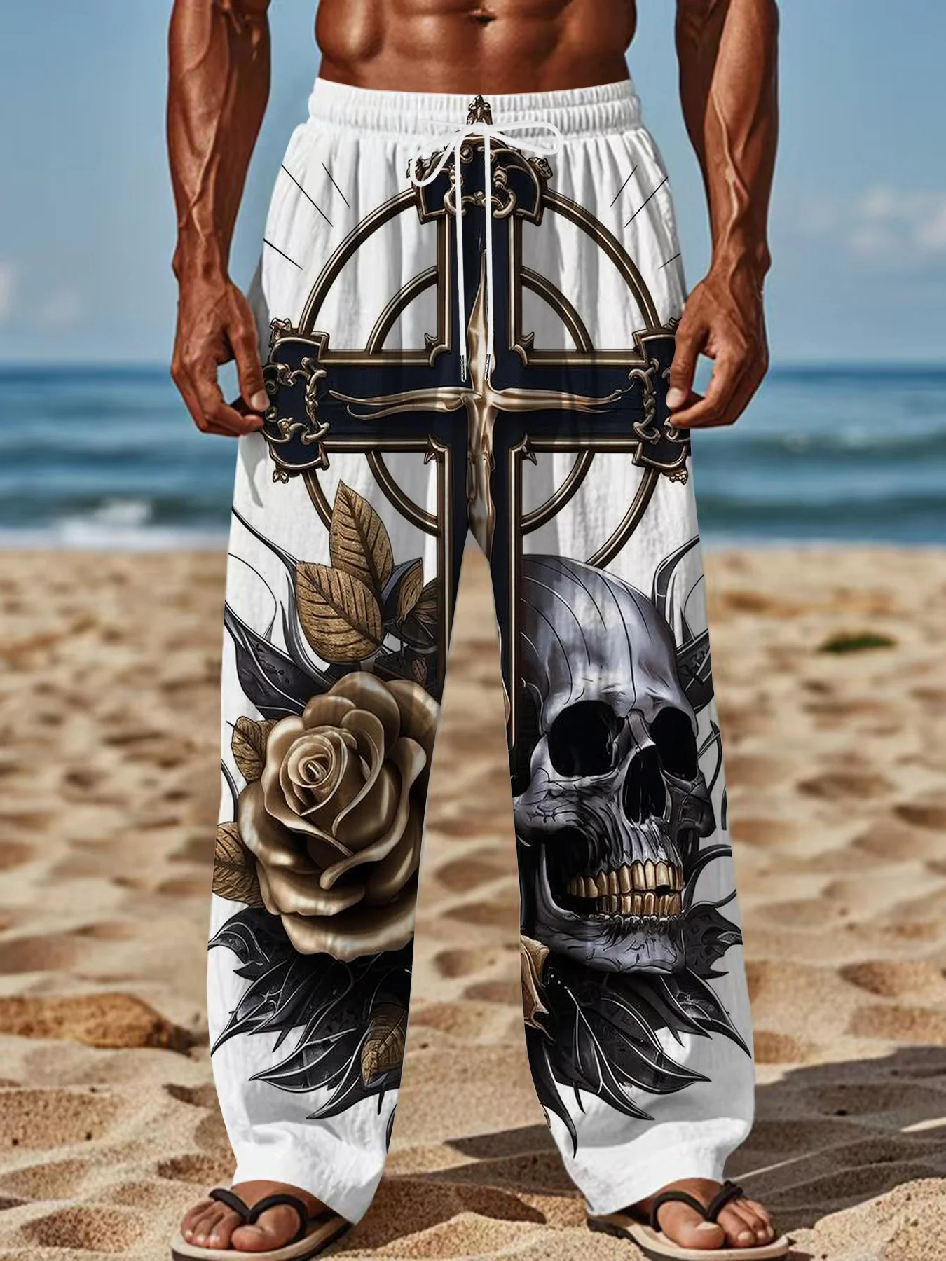 Unisex Straight-Leg Jogginghose mit Gothic-Kreuz-Tribal-Print, Y2K Punk Hip Hop Streetwear, Alltags-Outdoor-Modehose – Detail 14
