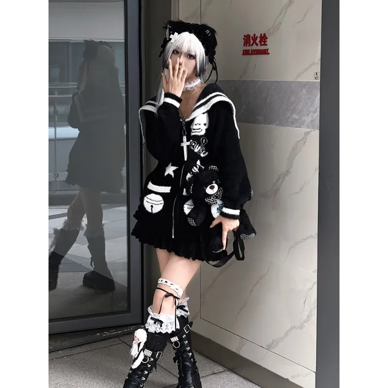 Autumn and Winter Japanese Style Girly Navy Collar Sweater Loose Subculture Cute Long Sleeve Black and White Knitwear Female