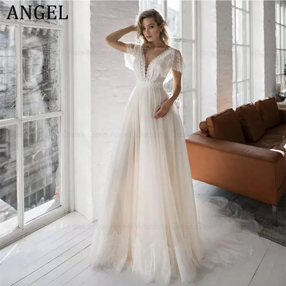 

ANGEL A-Line V-Neck Cap Sleeve Lace Wedding Dresses Elegant Backless Tulle Sweep Train Bridal Gown Vestidos De Noiva