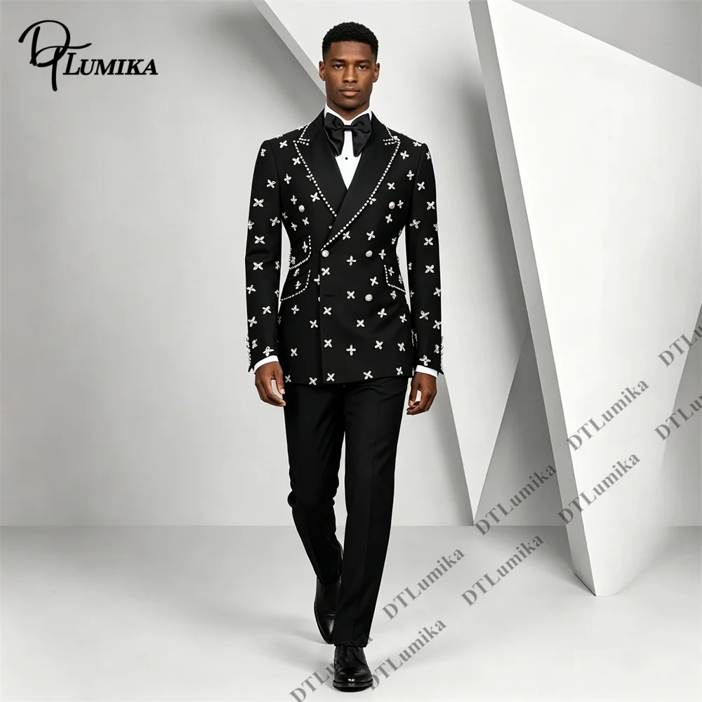 Luxurious 2 Piece Beaded Suit Men XXS-7XL Tailored Custom Party Prom Tuxedo Crystals Handsewn Rhinestone Trim Red Carpet Suit