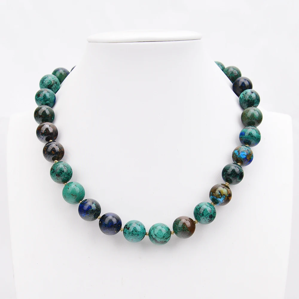 G-G 14mm AA+ Natural Mix Green Azurite Malachite Gems Stone Chokers Necklace 18'' Handmade Lady Jewelry