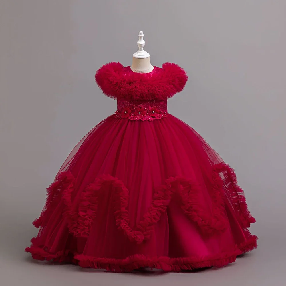 Long Flower Girl Party Dresses For Wedding Guest Kids Bridesmaid Christmas Red Blue Lace Tulle First Communion 4