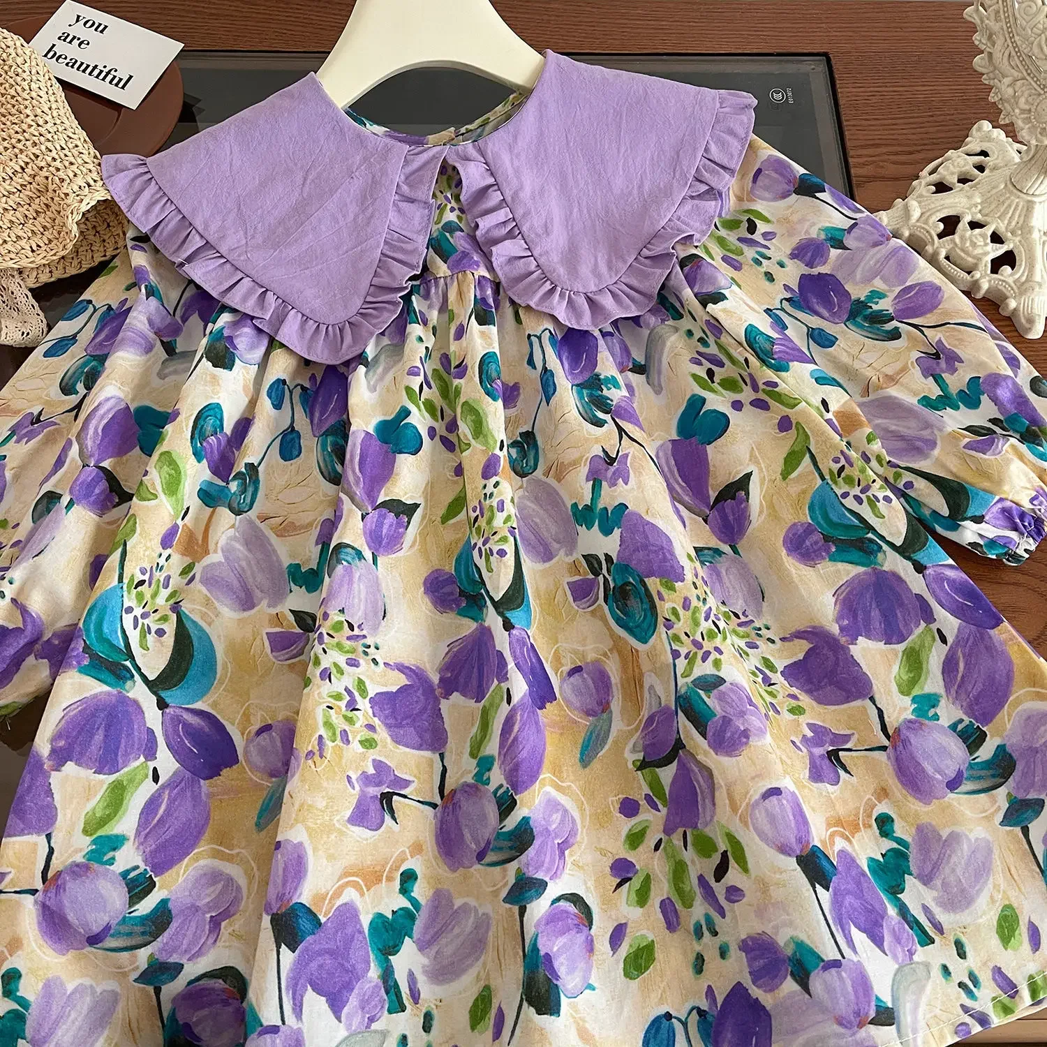 Girls Casual Dresses Purple Flower Print Lace Lapel Puff Sleeves and Long Sleeves Flower Party Dress for Kids Girl 2 To 7 Years