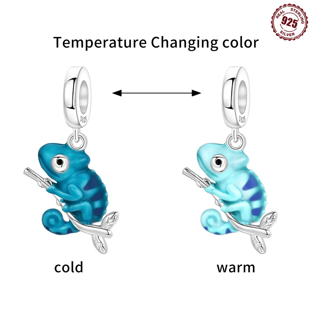 925 Sterling Silver Temperature Color Changing Chameleon Dangle Charm Enamel Lizard Bead Fit Chain Bracelet DIY Jewelry Gift