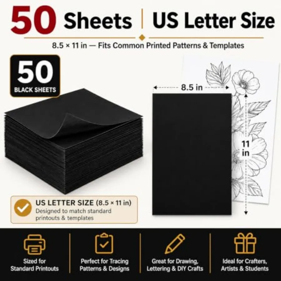 Carbon Paper for Tracing, Paper for Drawing, 50 Sheets Transfer Paper for Drawing, Carbon Paper 8.5 x 11 Letter Size for Wood,