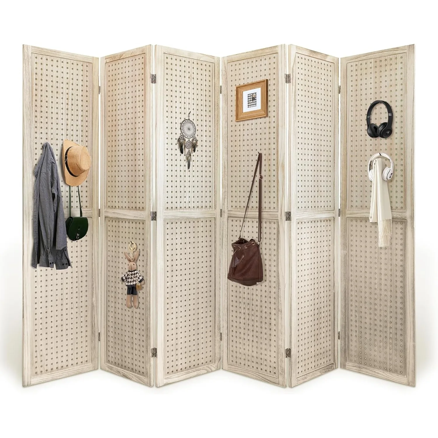 Room Divider 5.6FT Pegboard Display Wood Room Divider Panel 6 Panel Folding Room Divider Room Divider Screen Partition Room