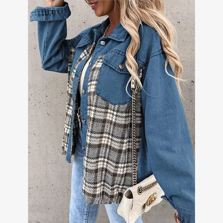 

Women's Loose Fit Denim Jaet Autumn Winter Top Ladies Coat Overcoat Collar Long Sve Pure Color Button Closure