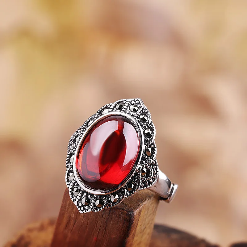 

Fashion New S925 Silver Jewelry Set With Thai Silver Women's Open Red Corundum Ring