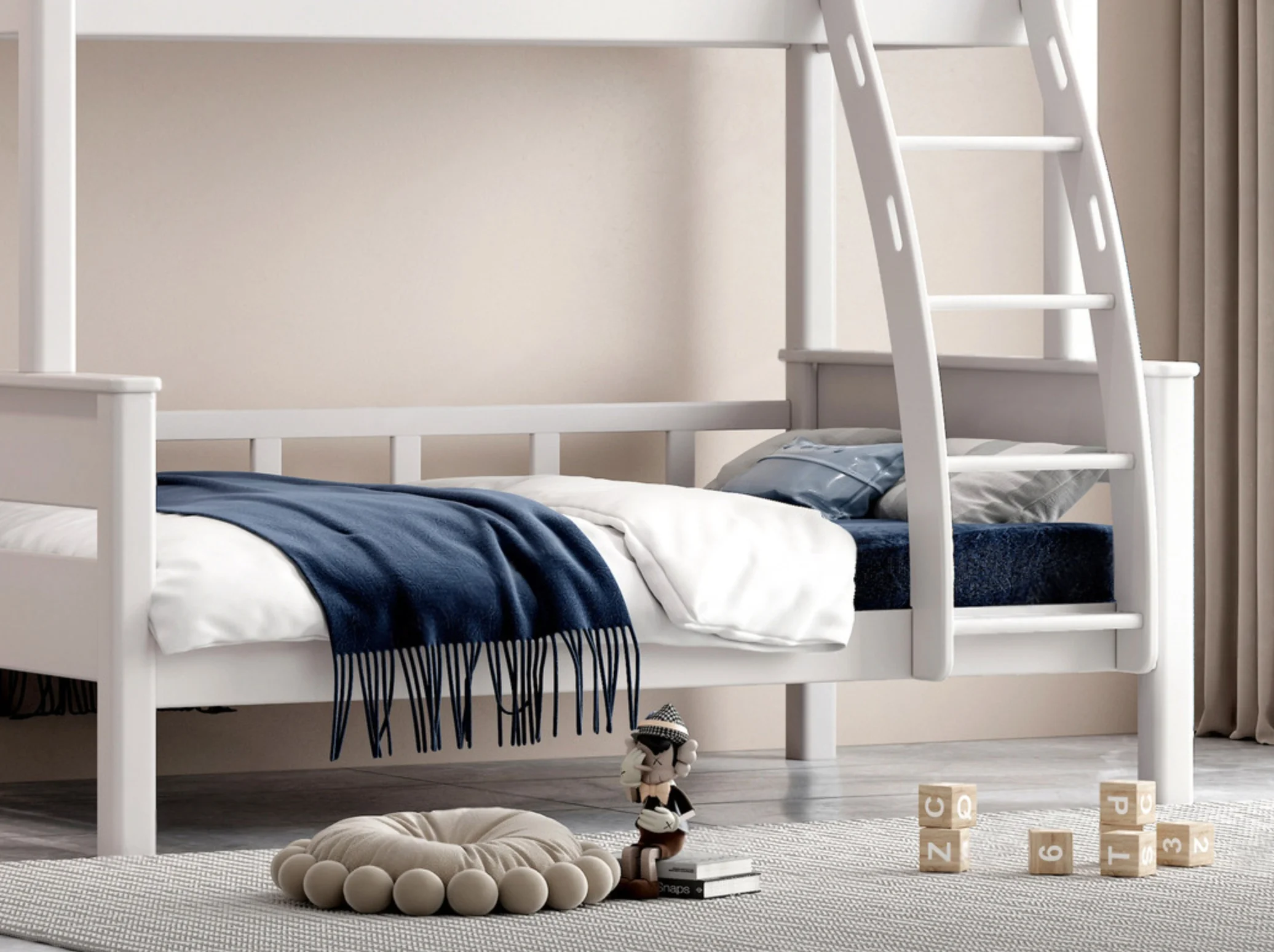 Wood Simple Style Children's Bedroom Bunk Bed, White, Sky Blue 1.5*1.9m Mother-in-law Bed