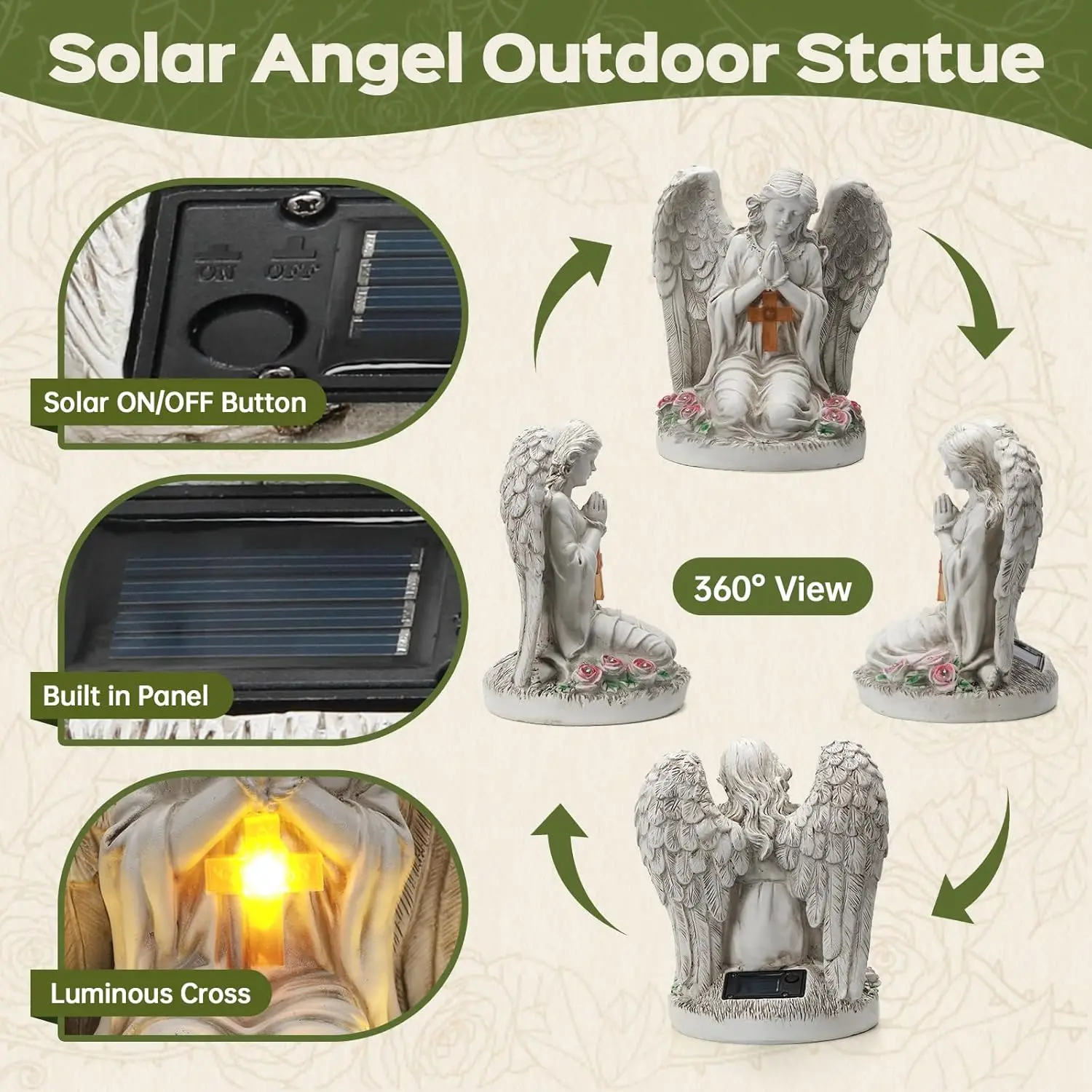 Outdoor Garden Solar Statue Light, Solar Angel Garden Statue Cemetery Decorations, Garden Resin Prayer Angel with Cross Statue Light, for Lawn Yard Patio Pathway Home Decor 4