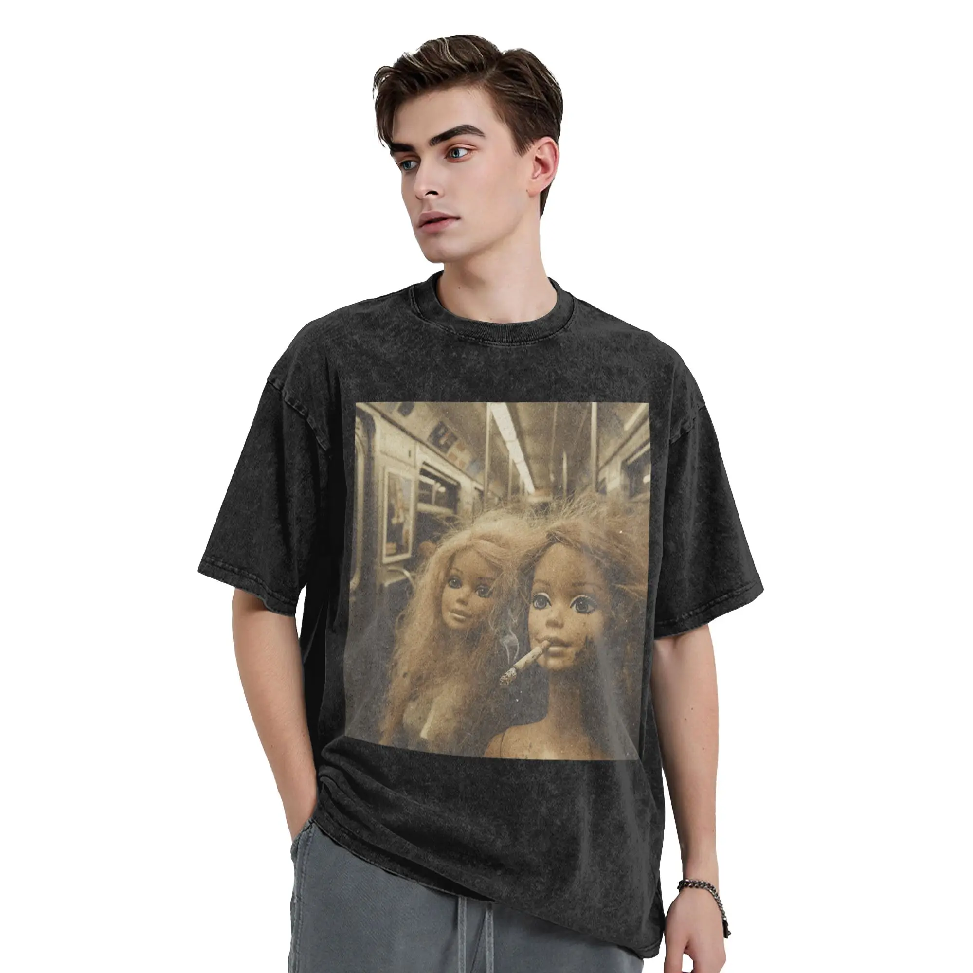 Distressed Doll Smoking Funny Doll Face Meme Washed T-Shirt Men  Vintage Cotton T Shirts Summer O-Neck Hip Hop Tee Shirt