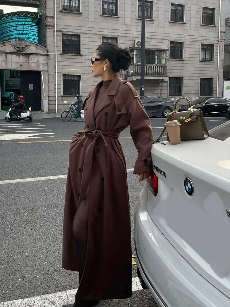 Casaco de Lã com Decote em V e Dupla Frente, Estilo Casual e Solto para Mulheres, Novo Casaco Longo de Inverno, Trench Marrom