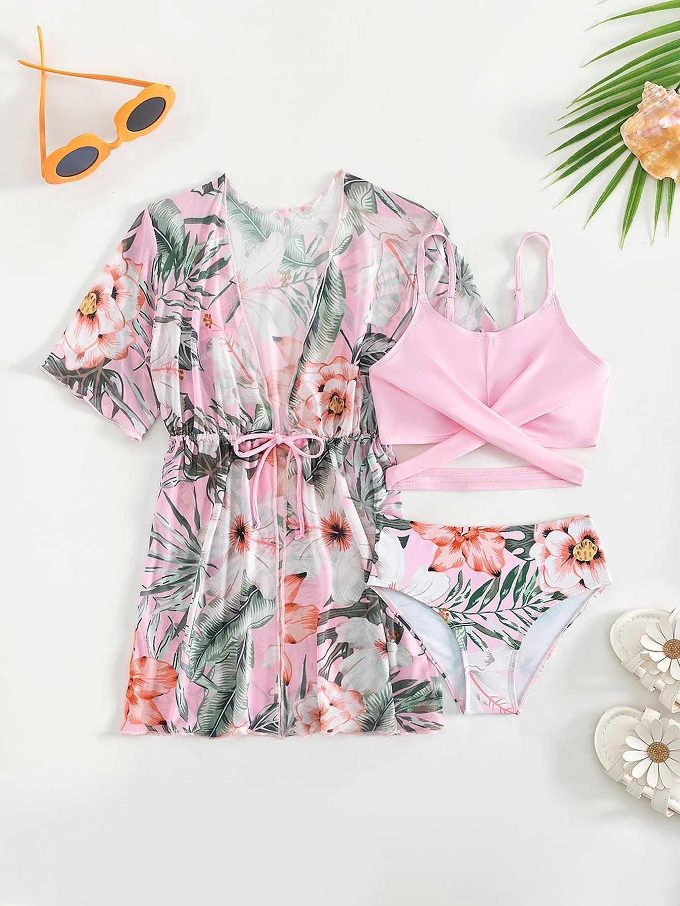 

Women Tropical Print Crisscross Bikini Set With Kimono Cover Up