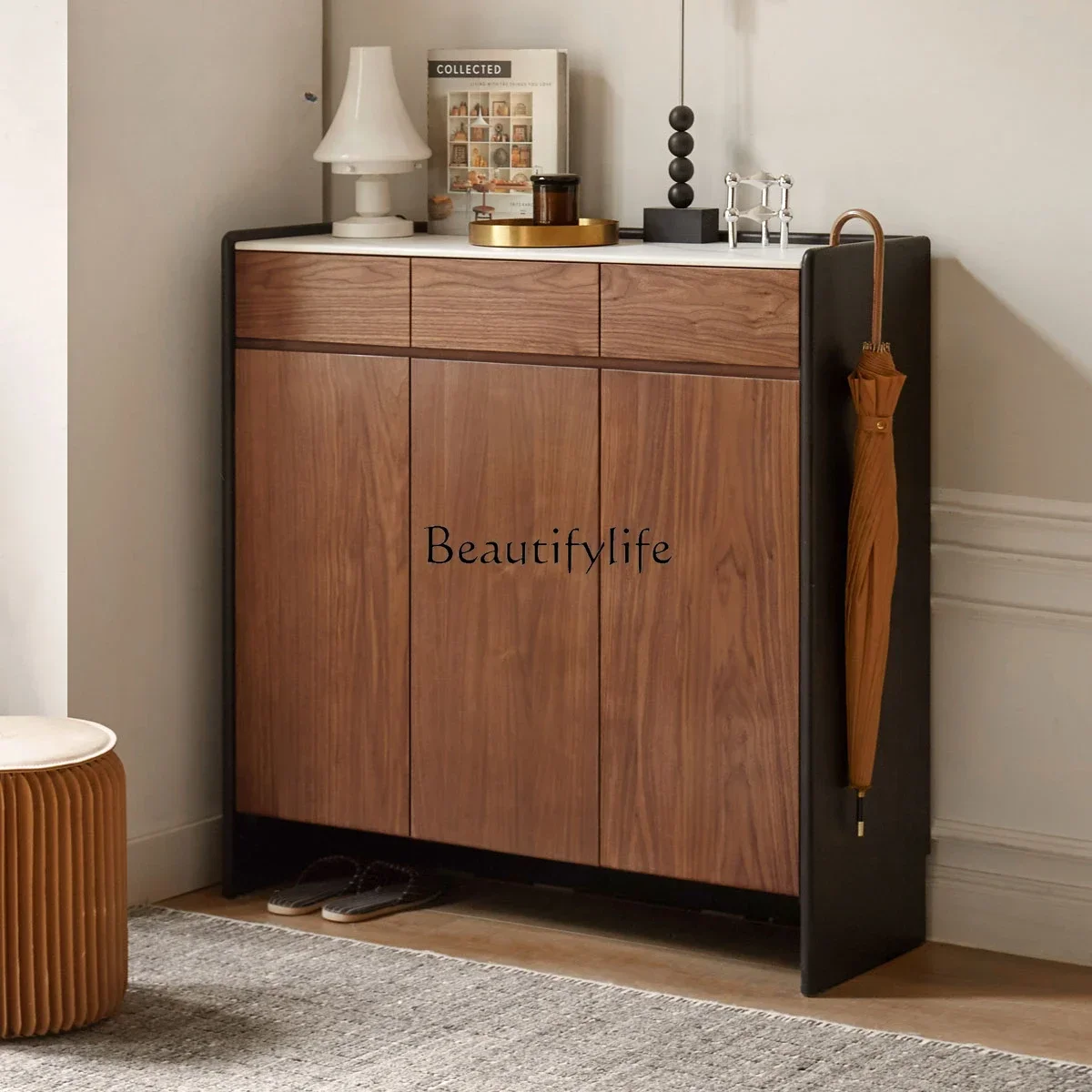 

Solid wood black walnut entrance simple slate storage shoe rack locker