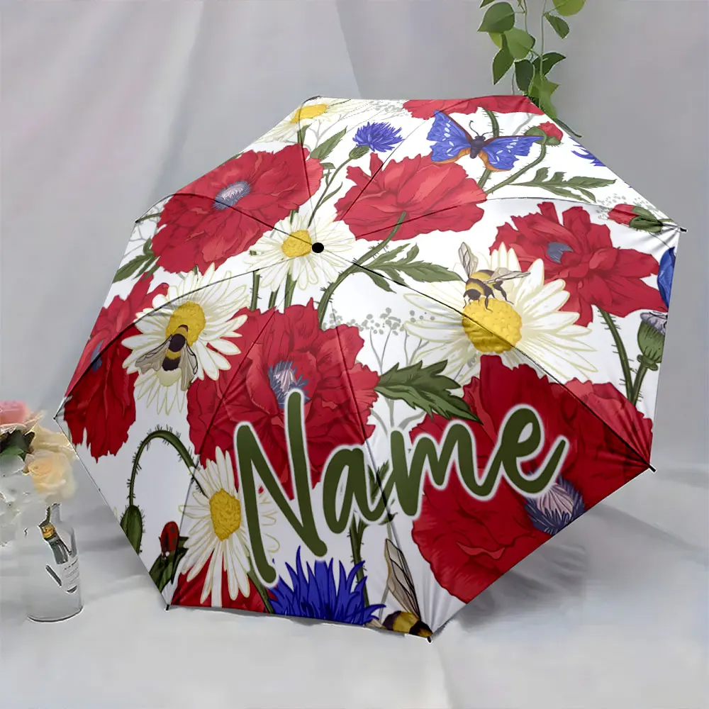 Custom Name Floral Delight: Beautiful Nature-Inspired Umbrella Print 8 Iron Ribs Folding Umbrella Auto-Open Fashion Sunshade