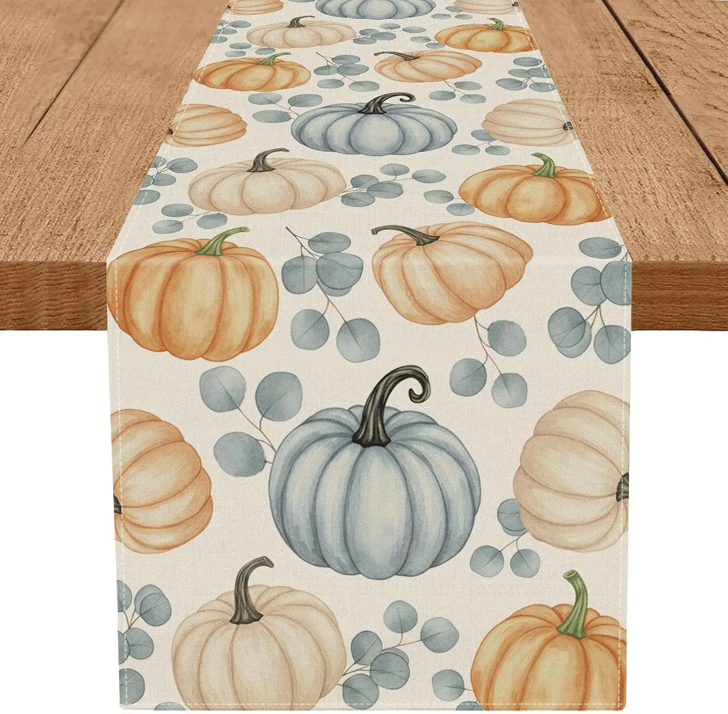 Fall Harvest Pumpkins Linen Table Runner Holiday Party Decor Reusable Farmhouse Kitchen Dining Table Runner Autumn Decorations