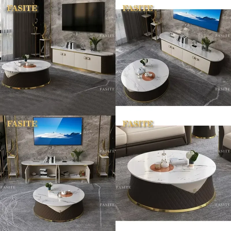 For Italian Round Luxury Marble Top Coffee Table Living Room Furniture Storage Center TV Stand Set Modern Home Decor