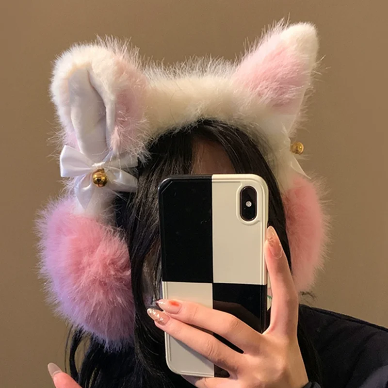 

Harajuku Y2k Cute Sweet Bow Plush Cat Ear Warmer Women Girls Winter Warm Earmuffs Foldable Outdoor Lolita Kawaii Ear Cover