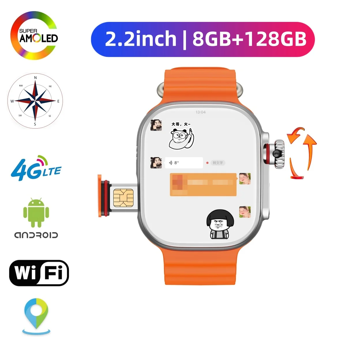 8GB+128GB 4G Smart Watch Android System With 2.2 inch Amoled Screen 800W Camera WiFi GPS 4g SIM card S9 Ultra Smartwatch For Men