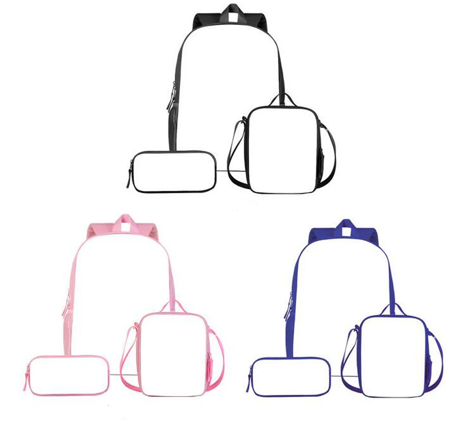 DHL25pcs School Bag Sublimation DIY White Blank Polyester 3pcs/Set Printing Backpacks Lunch Bags For Children