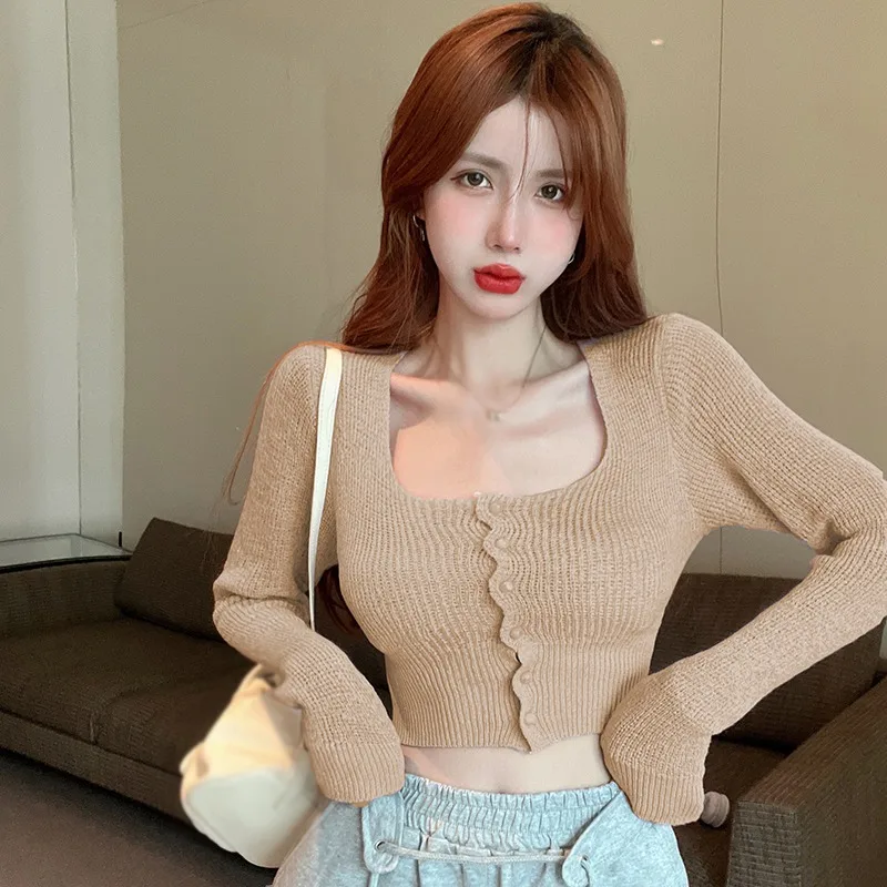 Single-breasted Long Sleeve Square Neck Solid Color  Short Top Knitted Air Conditioning Shirt Women\'s Sweater