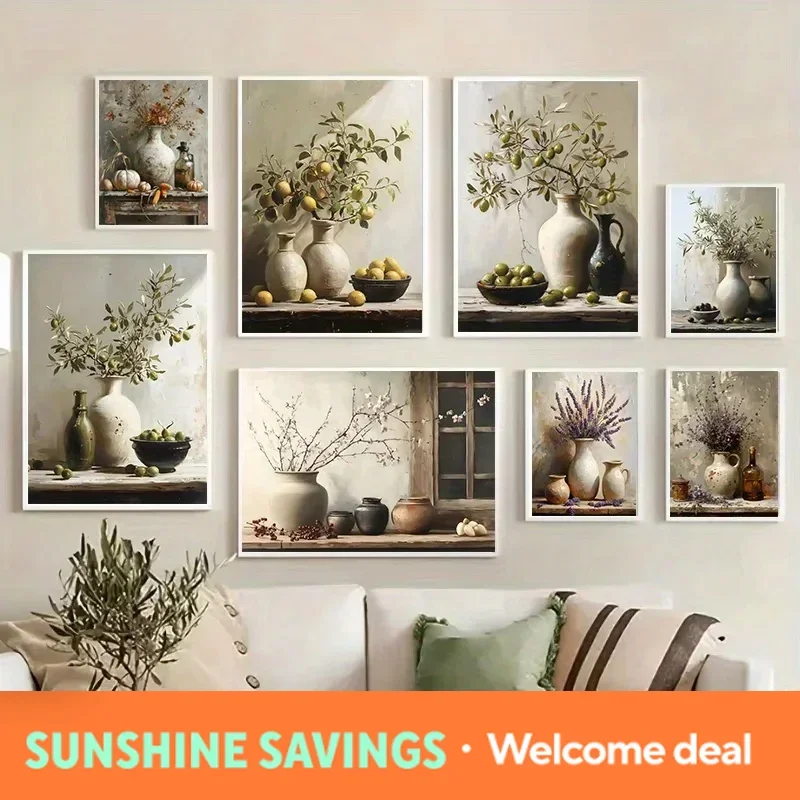 1pc Frameless Retro Still Life Poster Printing Lemon Olive Tree Plant in Vase Canvas Painting Plant Antique Family Room Decor