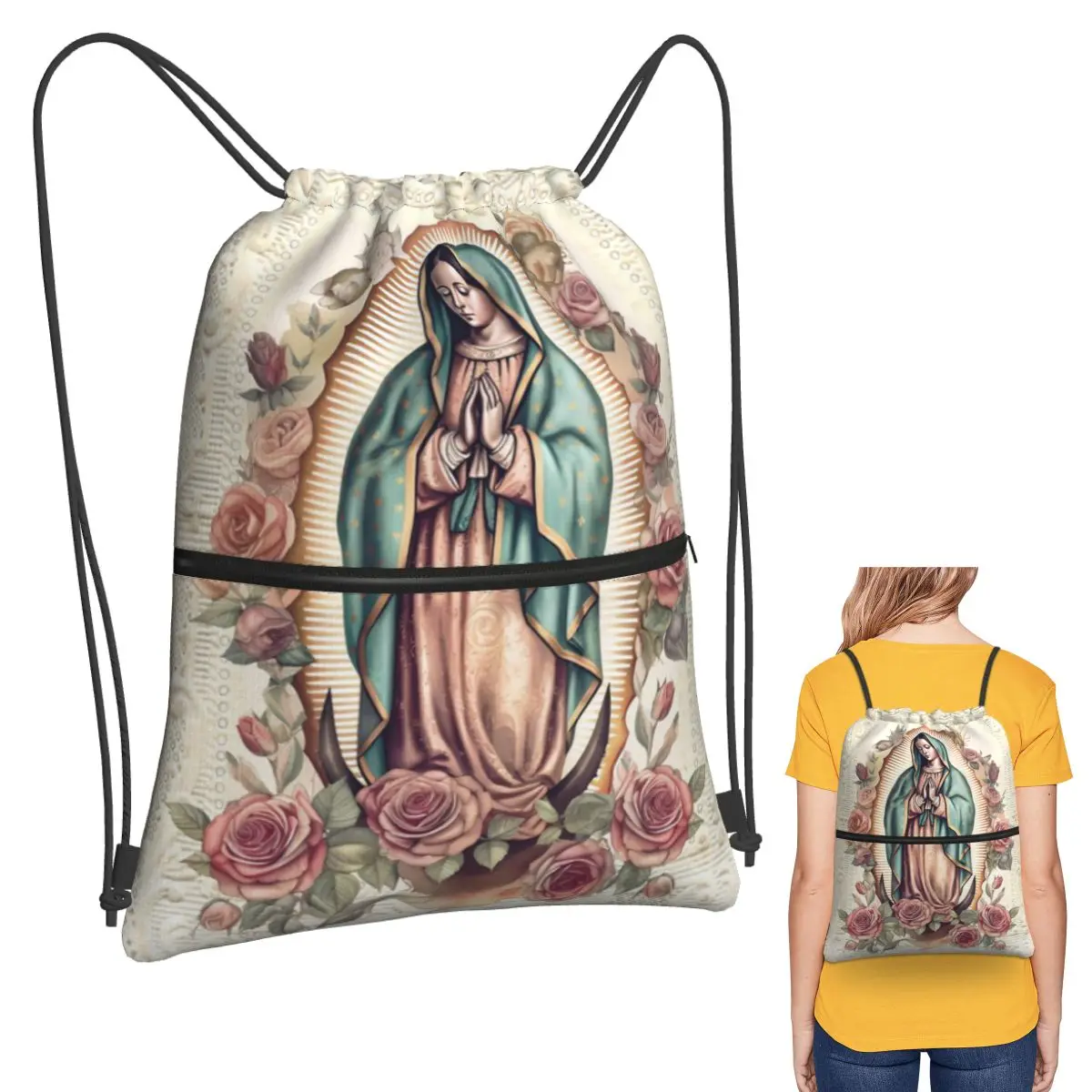 

Virgin Mary Of Guadalupe Mexico Catholic Saint Backpacks Casual Drawstring Bundle Pocket Sports Bag Book Bags for Travel School