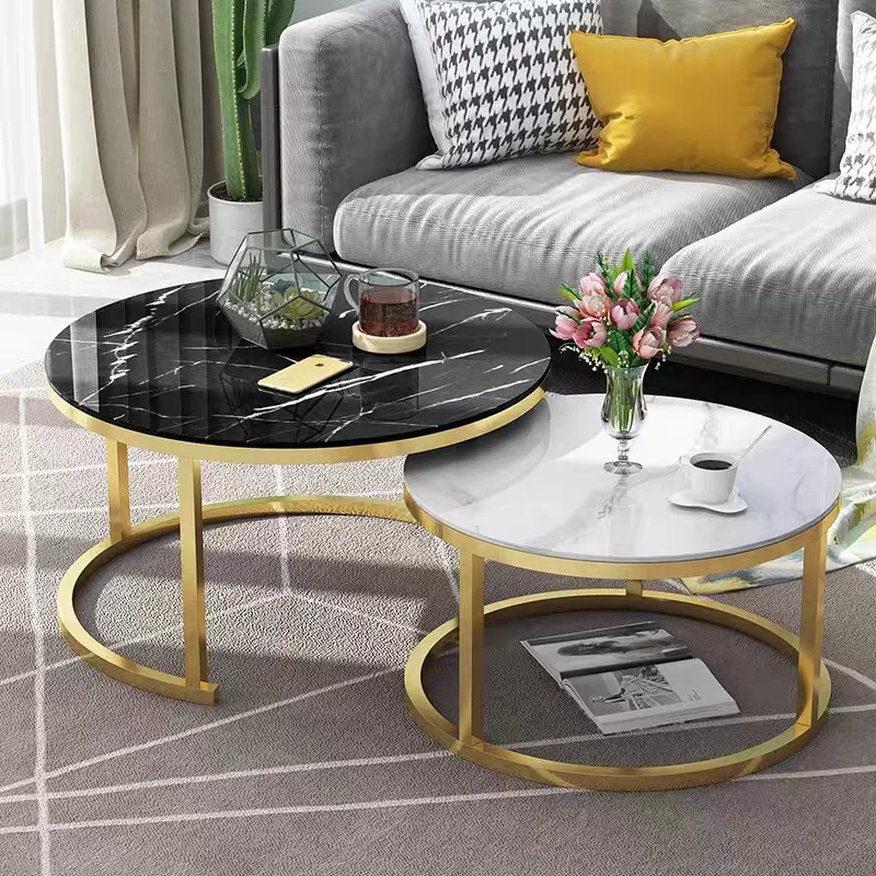 Living Room Modern Glass Center Table 2-Tier Round Coffee Table Marble Top Small Coffee Table