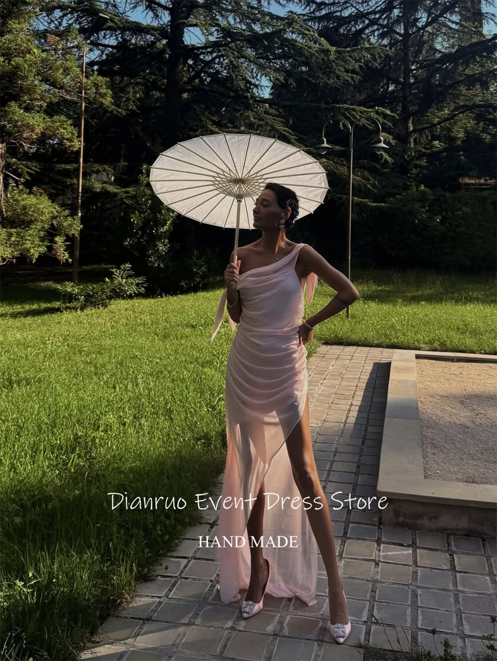 Dianruo สีชมพู Ruched ภาพลวงตาชุดราตรีไม่สมมาตร Hem ชุดผู้หญิงสูงชีฟองเซ็กซี่ Gowns 2025 ที่กําหนดเอง