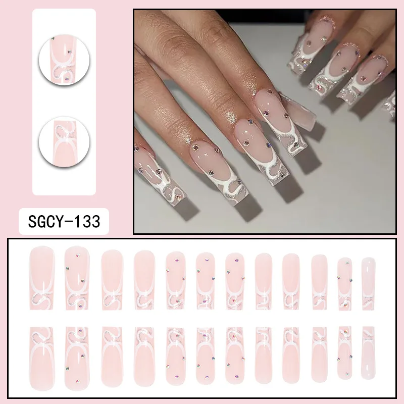 24 lange Särte mit französischen Mustern, Blumen, Schmetterlingspunkten, diamantglänzende künstliche Nägel, zum Aufdrücken der Nägel – Detail 7